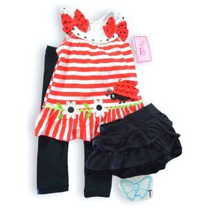 3pc Red White Black Girls Outfit, 2T, Ladybug, Polka-Dots